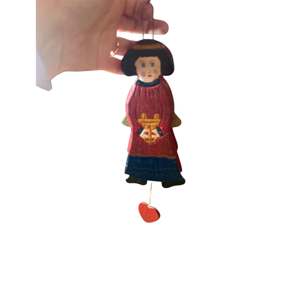 Angel Wooden Christmas Vintage Ornament W/ Harp Heart String Wings Brown Hair - Picture 10 of 10